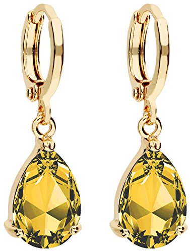 MYA art Damen Goldene Creolen Ohrringe Hängend Ohrhänger mit Zirkonia Stein Tropfen Oval Anhänger Gold Vergoldet Gelbgold Citrin Gelb MYAGOOHR-39