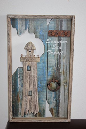 Wandbild Leuchtturm aus Holz, 45 x 26 x 3 cm, Bild maritim