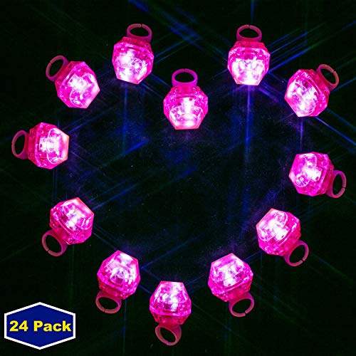 Midafon Anillos LED rosados, paquete de 24 anillos de diamantes brillantes con luz LED intermitentes de plástico para niños