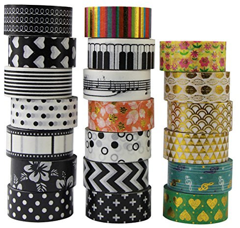 20 Rollen Washi Tape Set Gold Schwarz Weiß Mustern Dekoband Masking Tape Klebeband für DIY Craft Scrapbooking, 4 Meter/Rolle -15 mm breit