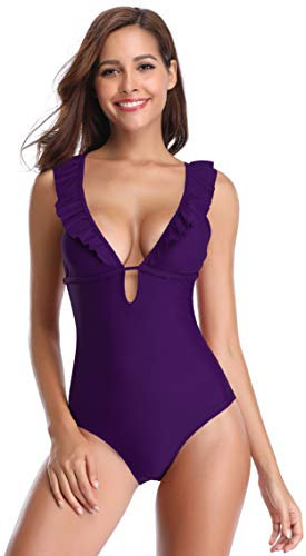SHEKINI Costume da Bagno Donna Intero Profondo Scollo a V Volant Beachwear Cross Regolabili Ties-up Backless Slim Monokini Swimsuit(Viola Scuro,S)