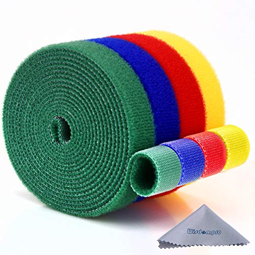 Wisdompro Cable Ties, 4 Roll Hook and Loop Reusable Fastening Tape Nylon Wire Cord Straps Management Power Wire Organizer-0.6 Inch(1.5cm) Width x 6.6 Foot (2M) Long Each Roll