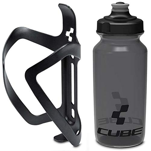 Cube HPA Anodised Top Loading Cage - Black & Flow Bottle - Black, 750ml / Alloy Lightweight Bicycle Cycling Cycle Bike MTB Mountain Road Water Drink Flask Bidon Bracket Mount Holder HPP Accessories