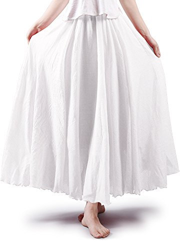 Aeslech Jupe Longue Femme Bohême Tour de Taille Elastique en Coton Jupe Maxi Décontractée Vacances L'été Plage - Blanc S (85 cm Longueur)