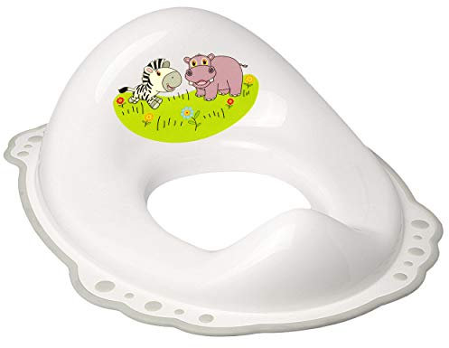 ANTI RUTSCH - Toilettensitz/Toilettenaufsatz/Sitzverkleinerer - weiß - grau Tiere - Zebra & Nilpferd Bieco - Standardgröße mit Lehne & Pullerschutz - ..