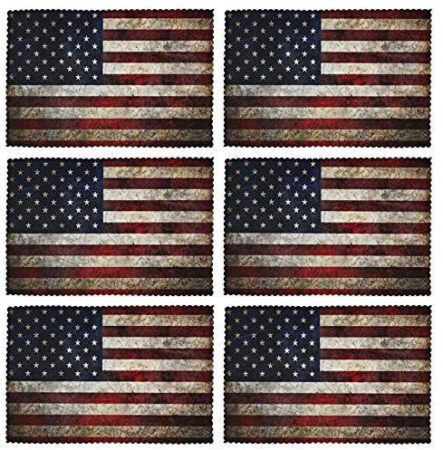 VunKo Tischsets mit amerikanischer Flagge, Vintage-Stil, 6 Stück, patriotisch, 4. Juli, waschbar, rutschfest, rechteckig, 30,5 x 45,7 cm, für Küche, Esstisch, Heimdekoration, mehrfarbig
