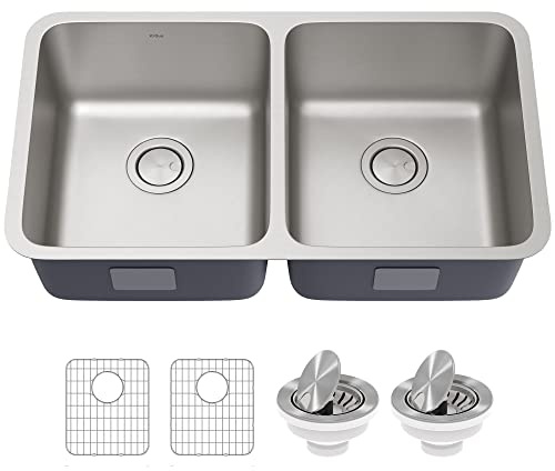 KRAUS Dex 33-inch Undermount 16 Gauge Stainless Steel Double Bowl Kitchen Sink, KA1UD33B