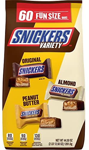 SNICKERS Original, Peanut Butter & Almond Bulk Variety Pack Fun Size Chocolate Candy Bar Assortment, 44.5 oz, 60 Pieces Bag