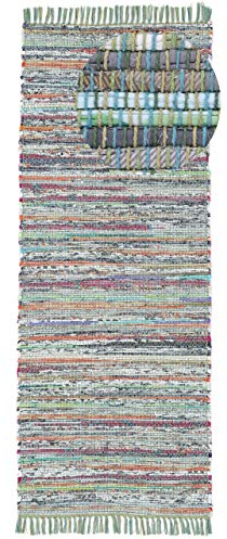 carpetfine Flachgewebeteppich Kelim Chindi Läufer Grün 80x300 cm | Moderner Teppich für Wohn- und Schlafzimmer