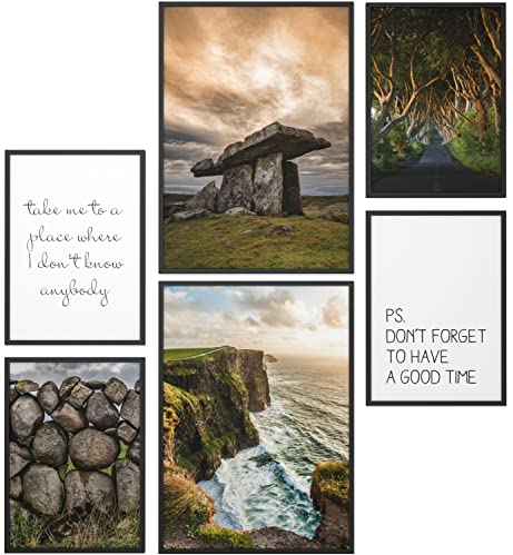 Papierschmiede® Mood Poster Set Irland, Gerahmte Bilder (Rahmen: Material und Farbe wählbar), Wohnzimmer Deko Schlafzimmer, 2x A3 und 4x A4, Klippen Meer Steine Wald Landschaft Grün