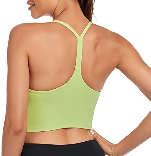 Lemedy Longline Damen Gepolsterter Sport-BH mit Riemchenrücken, Workout, Yoga, Crop Tank Top, gelbgrün, X-Large