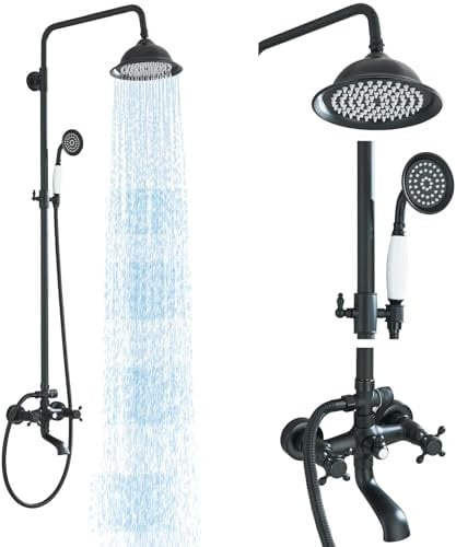 MOSSON Shower System Matte Black Outdoor Shower Fixtures with 8 Inch Shower Head Handheld Spray and Tub Spout 2 Cross Handles Wall Mounted Shower Faucet Set for Bathroom or Backyard