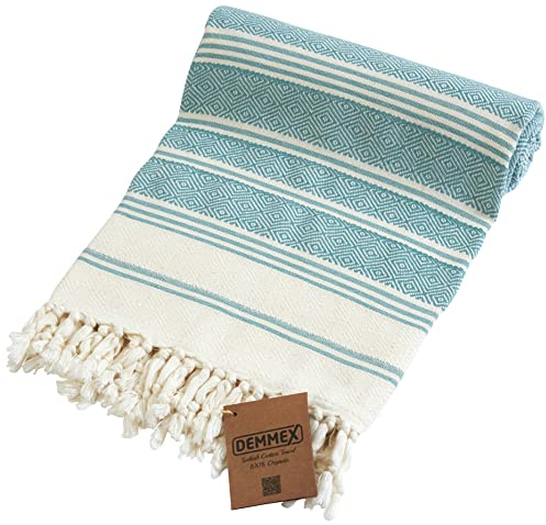 DEMMEX Strandtuch, Badetuch, 100% zertifizierte türkische Bio-Baumwolle, Pestemal, Hamamtuch, Saunatuch, Stranddecke, übergroß schnell trocknend sandfrei kompakt – vorgewaschen, 180x90cm, Salbei