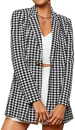 Floerns Damen Casual Langarm Pop Art Bunte Blazer Grafik Arbeitsanzug Jacke, Schwarzer Hahnentritt, L