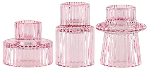 SPETYORT Clear Glass Candle Holders for Pillar Candles - Tabletop Decorative Candlestick Holders Set of 3 Fashion Taper Candle Stand for Dinner Wedding Party (Pink, 3PCS)