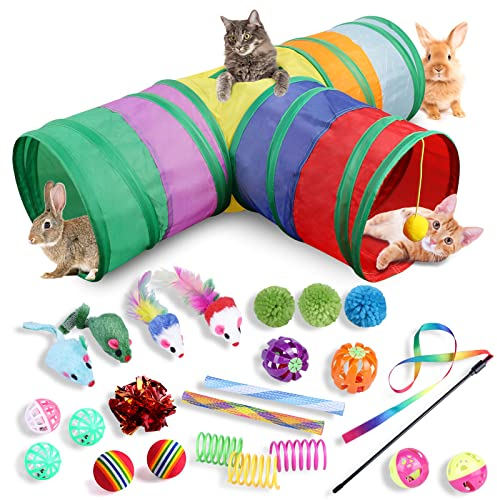 Vegena Set di Giocattoli per Gatti da 24 Pezzi: Tunnel Pieghevole a 3 Vie, Giocattolo Interattivo per Piccoli Animali, Adatto per Interni ed Esterni (Colorato)