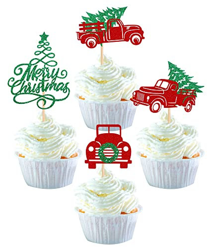 24 Stück Merry Christmas Cupcake Toppers Glitter Rot LKW und Auto Frohe Weihnachten Kuchendekoration Frohe Weihnachten Thema ür Merry Christmas Tree Xmas Thema Party Kuchen Dekorationen Zubehör