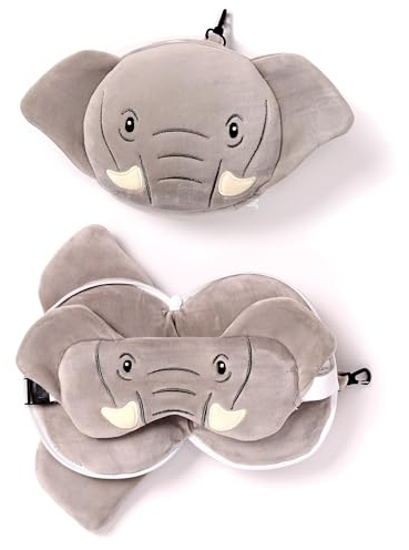 Relaxeazzz Elephant Round Plush Travel Pillow & Eye Mask - Sleep Eye Mask Masks - Kids Travel Accessories For Sleeping Airplane - Flight Plane Neck Pillow Pillows
