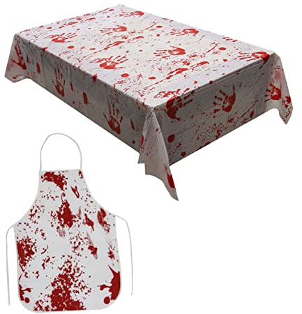 Toyvian 1 Satz Blutige Schürze Blut Handabdruck Tischdecke Blut Rechteckige Tischdecke Gruselige Tischdecke Blutige Metzgerschürze Spukhaus Tisch Spinnennetz-dekoration Grill Büro Geist
