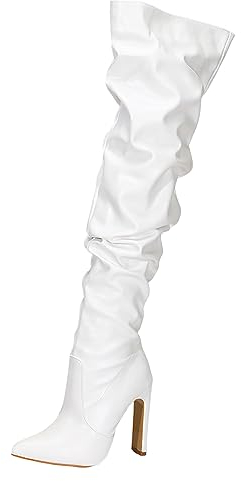 Briskorry Stivali sopra il ginocchio da donna, stivali alti con tacco a blocco, stivali invernali da donna con tacco alto, scarpe eleganti, comode e calde da donna, Bianco 1, 38 EU