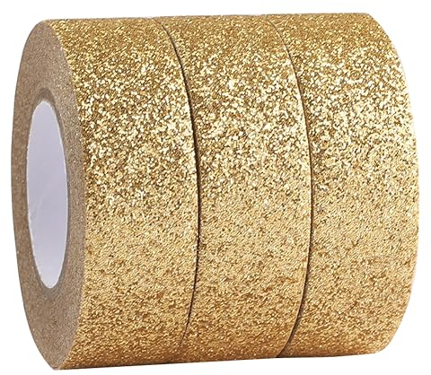 GORGECRAFT 3 rouleau de Ruban Adhésif Pailleté de 15 m X 15 mm Rubans de Masquage en Aluminium Bâton de Papier Washi Doré pour Bricolage Scrapbooking Rubans Adhésifs Décoratifs Artisanat et Cadeaux