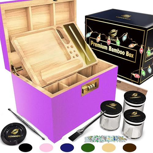 HOVANZO Premium Large Bamboo Storage Box with Combination Lock - Decorative Box Set - Large Wooden Container - Decorative Wood Storage with Accessories - Wood Kit with Glass Jars