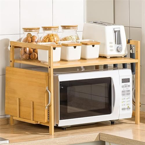 Estante para microondas, soporte de madera para microondas, soporte de horno de microondas de bambú de 2 capas, estante de almacenamiento de cocina ajustable con 4 ganchos y soporte para tabla de