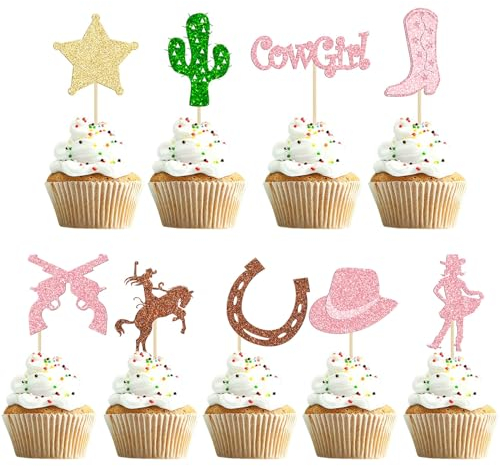 voso 45PCS Cowgirl Cupcake Toppers 9 Shape Glitter HorseShoe Cactus Gun Cupcake Picks Cowgirl Hats Boots Cupcake Picks for Western Theme Baby Shower Boy Birthday Party Cake Decorations Supplies