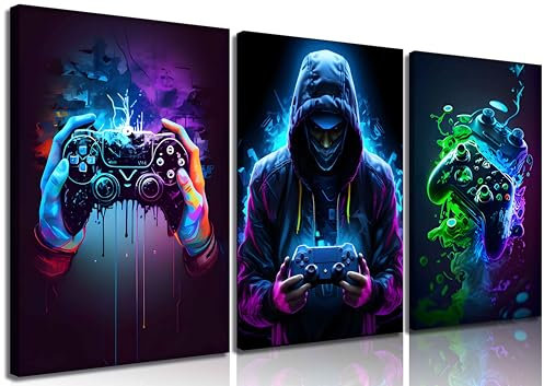 WSTUKVV 3Pcs Cool Gaming Canvas Wall Art Retro Video Game watercolor Posters Pictures Colorful Neon Gamepad Painting Prints for Boys Room Kids Game Room Accessories Bedroom Home Decoration Framed