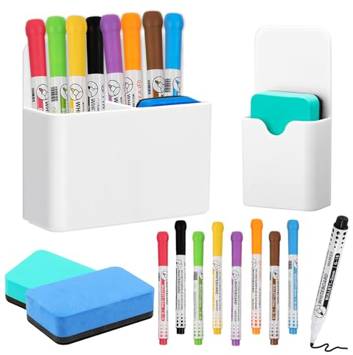 Shinybox 12 Stück Whiteboard Zubehör, 2 Stück Magnetische Stifthalter mit 2 Stück Whiteboard Schwamm, 8 Stück Whiteboard Marker, Markerhalterung, Magnetischer Markerhalter für Zuhause Büro Schule