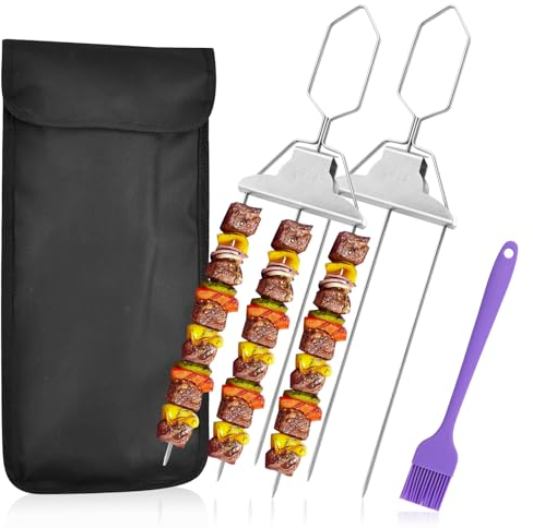 2PCS BBQ Metal Skewer 3 Way Grill Skewers, 15in Metal Skewers for Grilling, Easy to Use Push Bar Slider, 3-Prong Kabob Skewers Stainless Steel, Barbecue Accessories for Outdoor Grill, Meat, Veggies