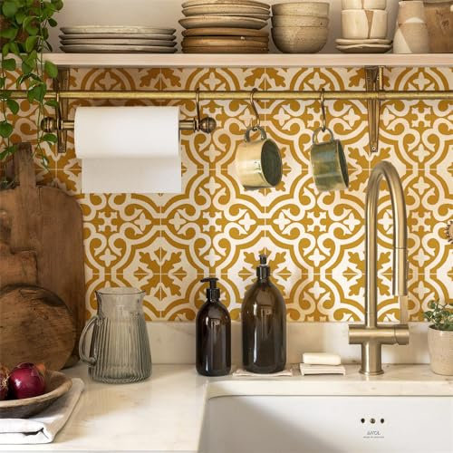 Tile Stickers White Mustard Yellow - PVC Self Adhesive Wall & Floor Tiles - Durable Peel & Stick - Water Proof - Kitchen & Bathroom - 20x20cm/10 Pcs