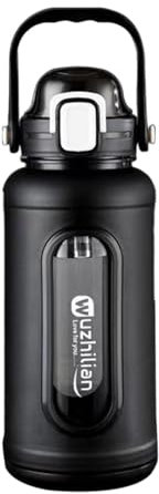 Bouteille d'eau en verre, bouteille de gym, bouteille d'eau de 1,5 l avec étui en silicone et marqueur de temps, bouchon automatique étanche avec verrouillage de sécurité, bouteille d'eau pour salle