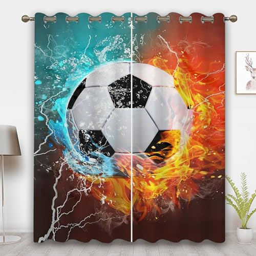 CHEFFS Fußball Gardinen Verdunklungsgardine Ösen Für Schlafzimmer, Fußball Vorhänge Blickdicht Verdunkelungsvorhang Für Kinderzimmer (2,100 x 140 cm (2X50X140cm))