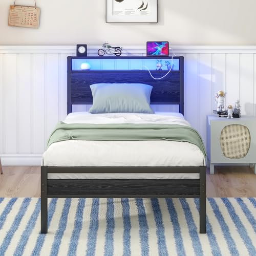 HOJINLINERO Single Bed Frame with Storage Shelf Headboard & LED Lights,Metal Platform Bed Frame with Charging Station,Mattress Base/Strong Slats Support/UnderBed Storage/Easy Assembly for Adults,Black