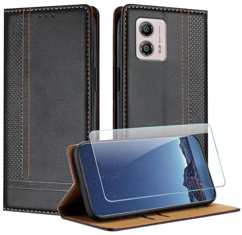 JayModCase Coque pour Motorola Moto G13 / G23 / G53 + Protecteur d'écran, Etui à Rabat Pochette de Portefeuille pour Moto G53 avec [Fermeture Magnétique][Stand Fonction][Porte Cartes] - Noir