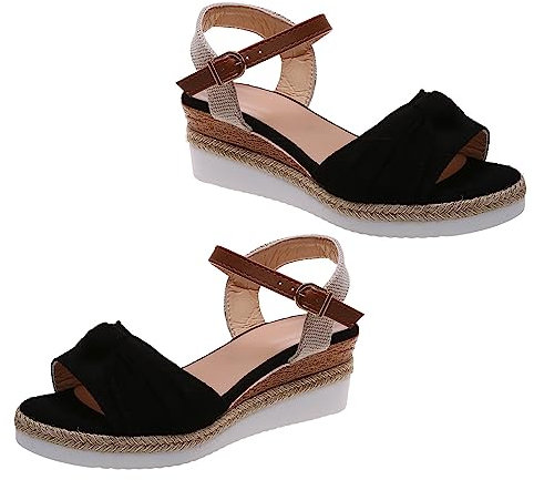 Generico Donna Sandali Con Zeppa Donna Estive Sandali Sandali con suola in corda Bowknot da donna Scarpe da donna leggere Sandali con suola spessa a bocca di Donna Estive Sandali E (Black, 43)