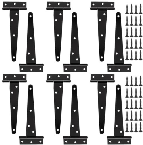GBACHOOSE 12 Pack T Strap Hinges 6 Inch Heavy Duty Gate Hinges with Screws Black Tee Hinge for Gate Door Shed Doors and Barn Doors