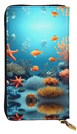 WZYCWB Ledergeldbörse, 19,1 x 10,4 cm lang, mit Reißverschlussfach, großer Stauraum, gutes Geschenk für Freunde, Korallenfische unter Wasser bedruckt