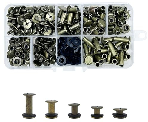 KUKUJIWA 100 Set Vite di Rilegatura Rivetti, Rivetti a Vite,M5*4/6/8/10/15 mm Rilegatura Chicago ottone,Viti Testa Tonda Croce Chicago per Rilegatura kit di cintura pelle, chiodi, portafoglio (Bronzo)