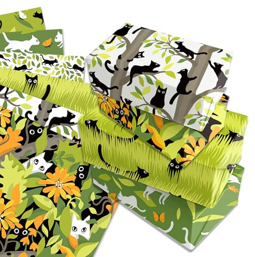Katzen Geschenkpapier für Katzen 12 Blätt,Doppelseitig Bedrucktes Geschenkpapier Geburtstag 6 Arten Blatt,für Kinder,Katzen,Katzenbesitzer,Urlaub,Geburtstag Geschenkpapier 50 x 68 cm