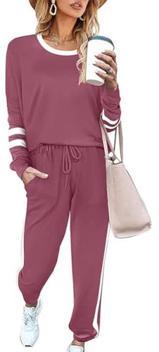 Tidecc 2-teiliges Damen-Trainingsanzug, langärmelig, Pullover, Sweatshirt, Kordelzug an der Taille, Jogginghose, Lounge-Set, rose, 8-10
