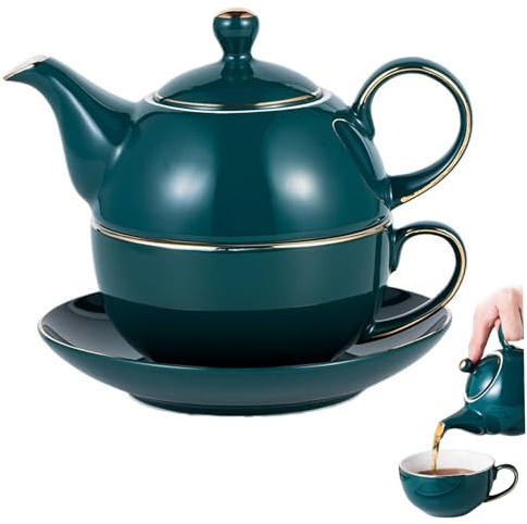Pastoralist Tee für eine Teekanne und Tasse Set, Exquisite Keramik -Teekanne und Tasse Set mit Untertasse, Teekannen -Sets für Tisch- und Küchendekoration, Pfauengrün, Tee für einen, Tee f