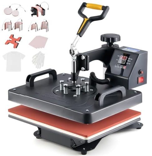 CREWORKS Heat Press Machine, 30x38cm 9 in 1 Swing Away Shirt Printing Machine with Digital Control Panel, Multipurpose Heat Transfer Machine with Dual Heating Tubes for Plate Mug Cap Hat Shoes