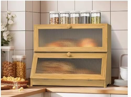 OHMG Boîte à Pain Bambou 2- Couche Countertop Boîte à Pain en Bois de Bambou pour Cuisine, Huche à pain,Nature,pour le stockage du pain,40x33x25cm (Bois-40 * 33 * 25cm)