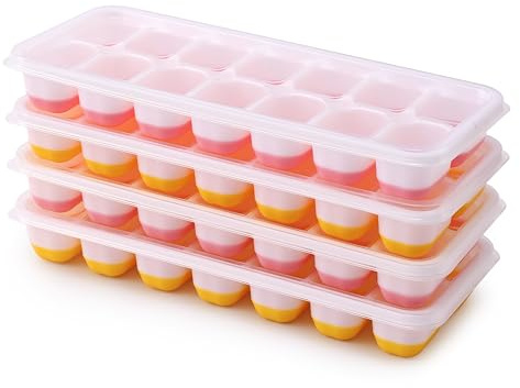 4 Pack Silikon Eiswürfelform mit Deckel BPA Frei, Eiswürfelbehälter Stapelbar, Sichere Gesunde Eiswürfel Form für Babybrei Cocktail Whiskey Kaffee (2 Rosa+2 Gelb)