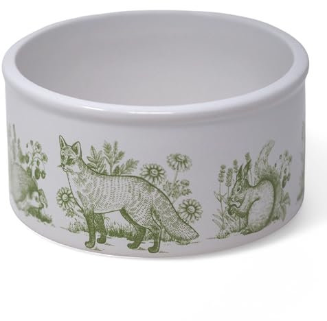 Ceramic Pet Food or Water Bowl with Woodland Animal Illustration - Green