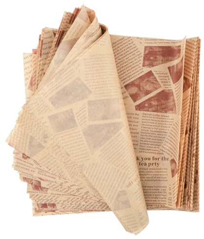 100 Blätter Backpapier, Deli Papierblätter, Bedrucktes Backpapier Zeitungsoptik Hamburger Papier Wasserdicht und ölbeständig, Käsepapier Wrap Papier für Burger Sandwich Pommes Papiers(25 x 25 cm)