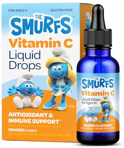 Smurfs Liquid Vitamin C for Kids Immune Support | High Strength Kids Vitamin C Drops | Ages 1 & Up | Vegan Non-GMO & No Artificial Flavors or Colors | No Added Sugar | Orange Flavor | 60 Servings
