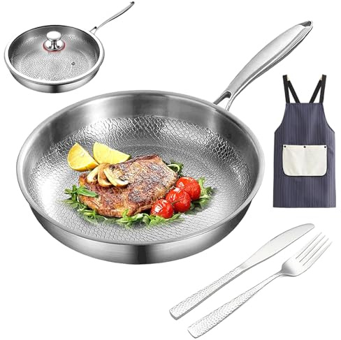 Gienslru Titanium Hammered Pan Pro, sartén de titanio 100% puro con tapa y vajilla martillada, antiadherente y resistente a los arañazos, para cocinar, freír y hornear (26 cm)
